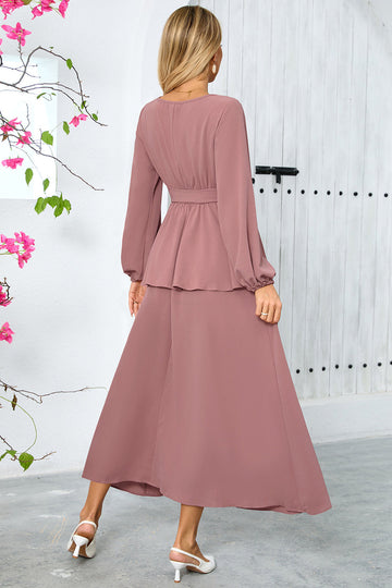Dusty Rose A-linje lagdelt chiffon lang festkjole med lange ermer
